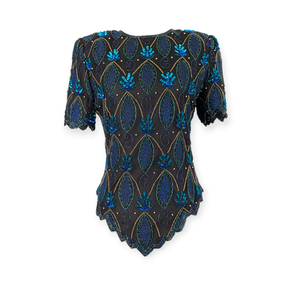Laurence Kazar Black Beaded Silk Evening Top Size Small Petite Short Sleeves - Picture 1 of 9